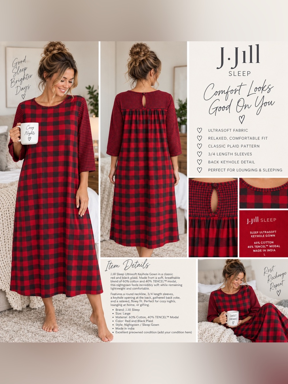 J. Jill Red and Black Plaid Nightgown with Keyhole Back